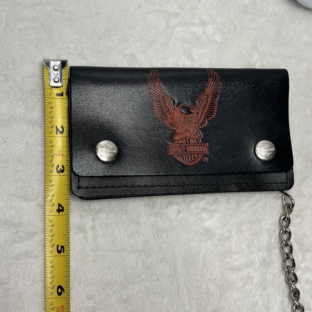 80's Vintage Harley Davidson Black USA Leather Wallet With Chain Eagle Logo Red - Picture 12 of 13